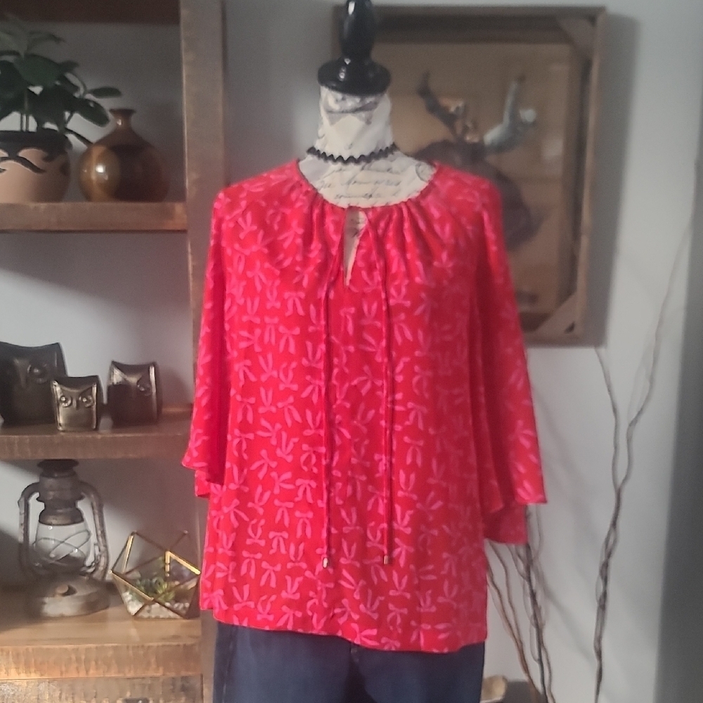 CeCe Women's V-Neck Red Printed Tie-Front Blouse